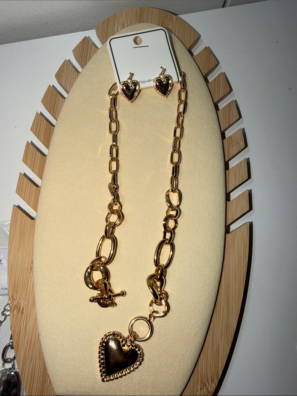 Gold Heart Pendant Necklace and Heart Stud Earrings Set - Women's Jewelry